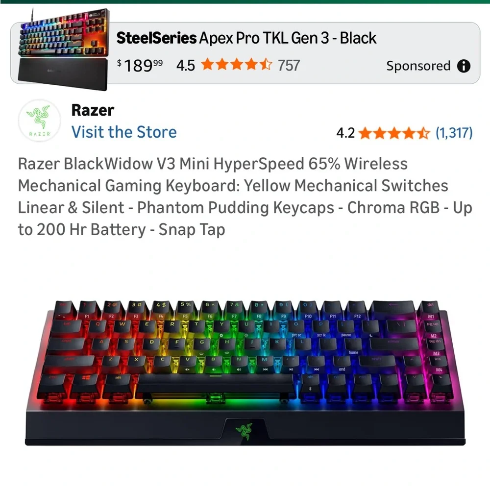 RAZR Black Widow V3 Hyperspeed mini gaming keyboard in EUC W box :)